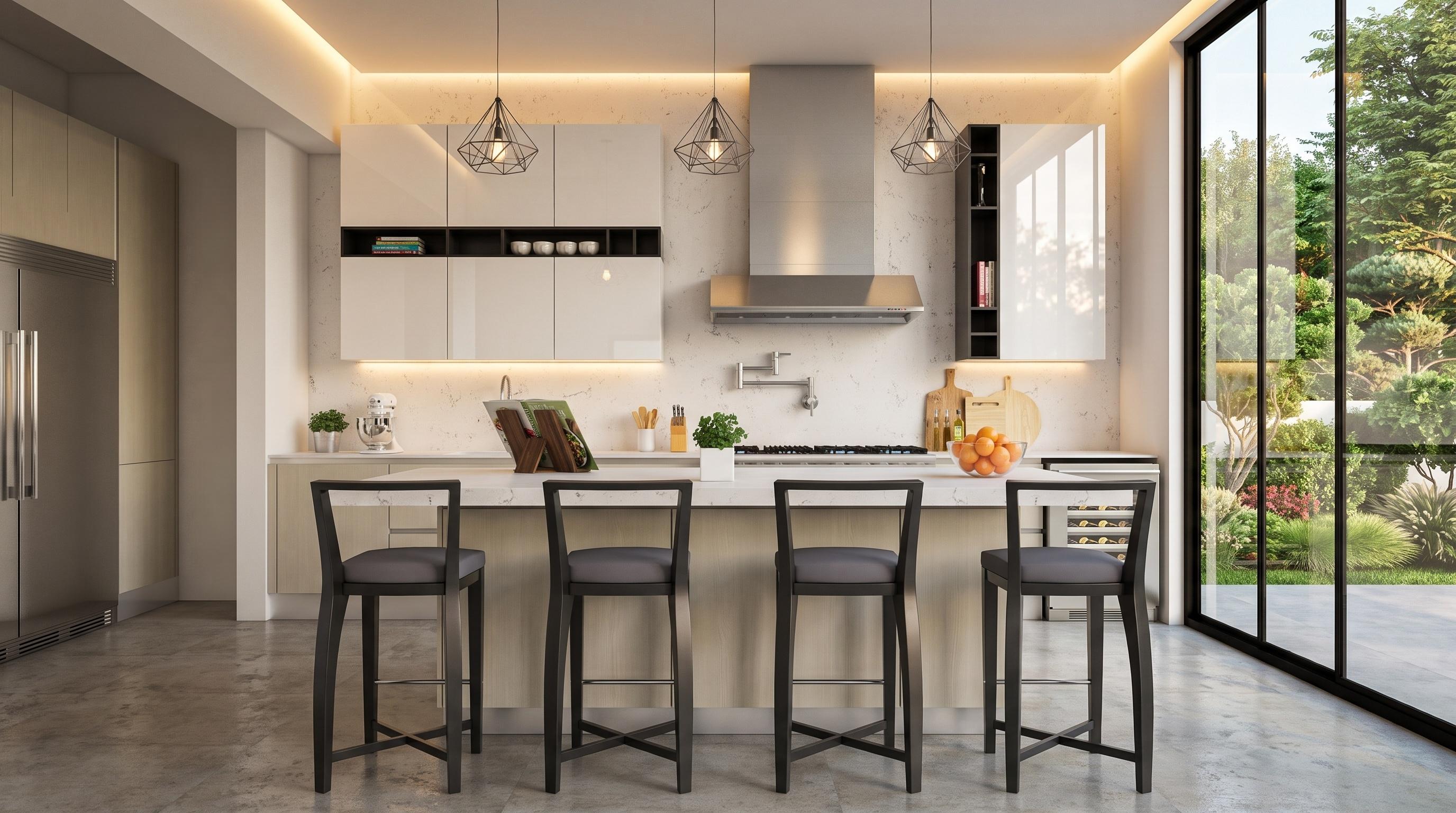 Cocina luminosa con gabinetes de acrílico brillante color perla, isla de madera clara con cubierta de cuarzo blanco, cuatro bancos negros, campana de acero inoxidable y lámparas colgantes geométricas