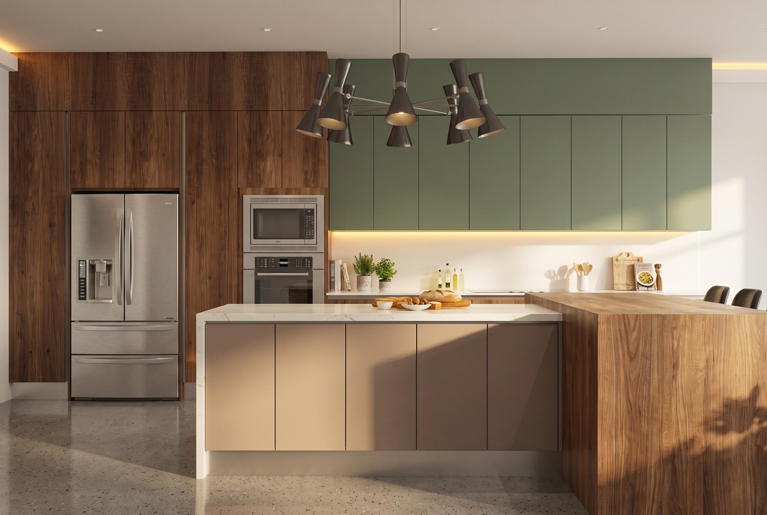 Cocina moderna con gabinetes altos de madera de nogal, alacenas verde oliva con luz LED, isla con puertas beige y cubierta de mármol blanco, y refrigerador y hornos empotrados de acero inoxidable