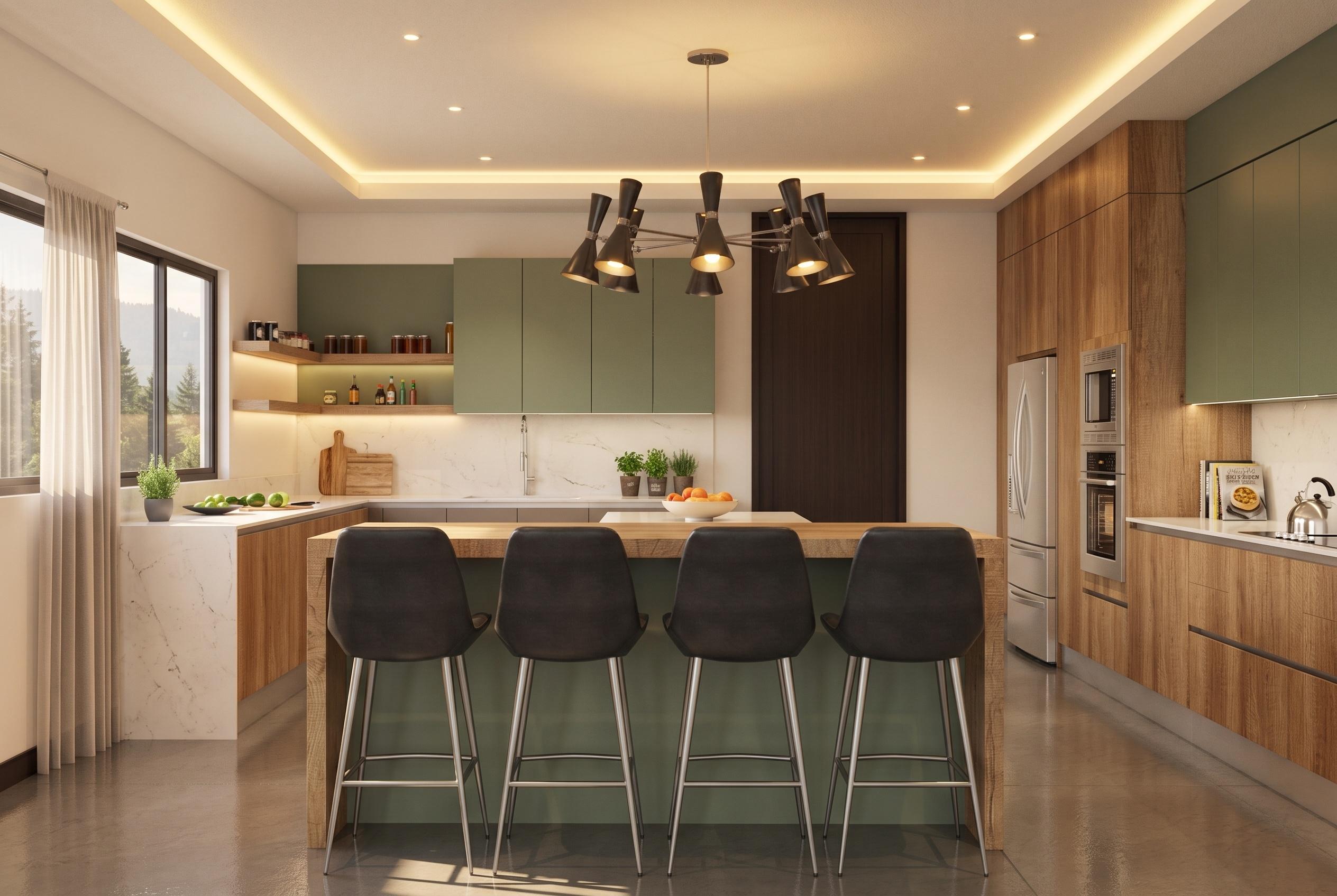 Cocina moderna con isla verde oliva y barra de madera con cuatro bancos altos negros, alacenas verdes, estantes abiertos y salpicadero de mármol con iluminación indirecta en el techo