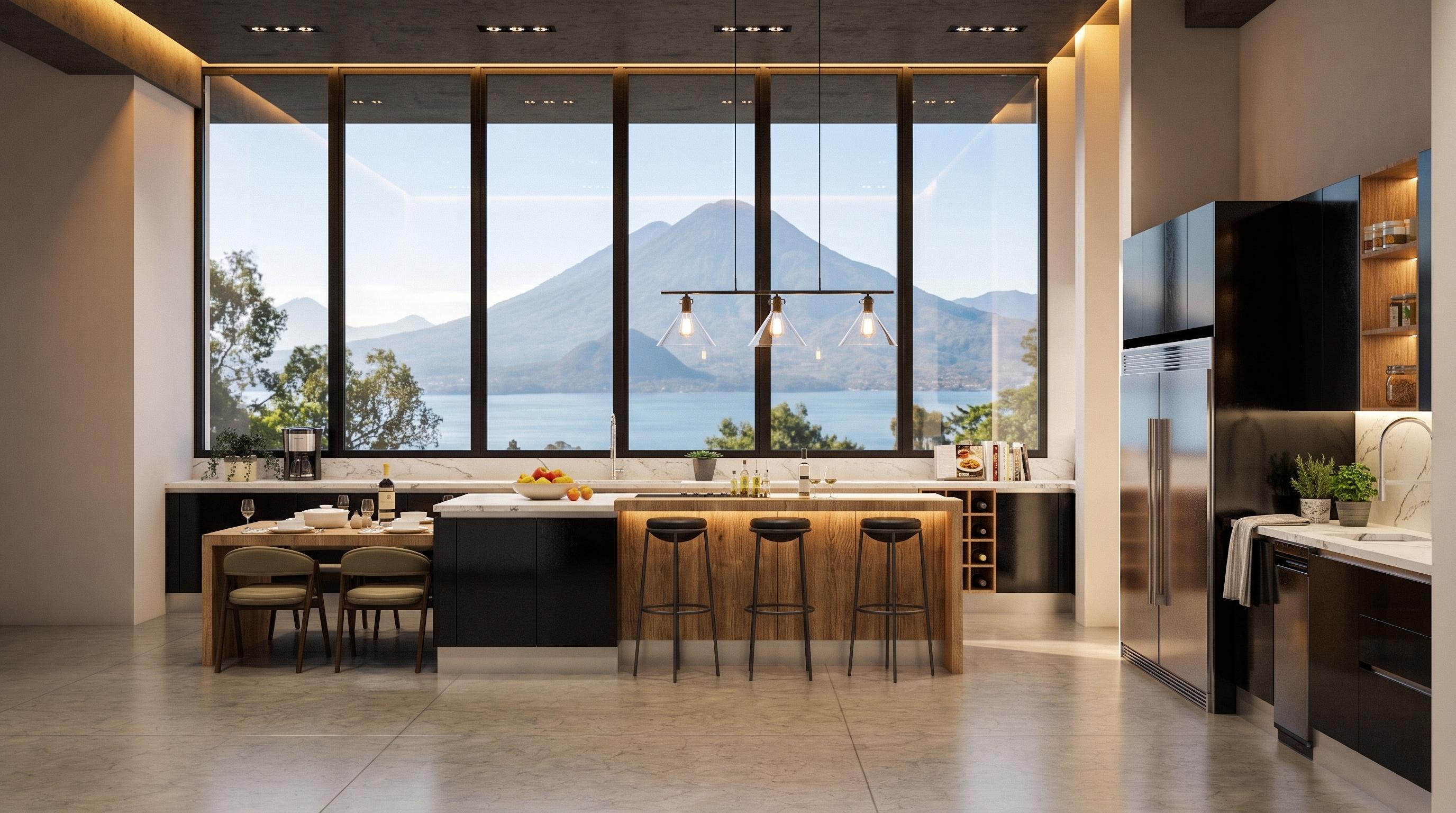 Cocina de lujo con ventanales de piso a techo con vista a un lago y volcanes, isla de madera con cubierta de mármol, tres bancos altos, gabinetes negros y refrigerador doble de acero inoxidable