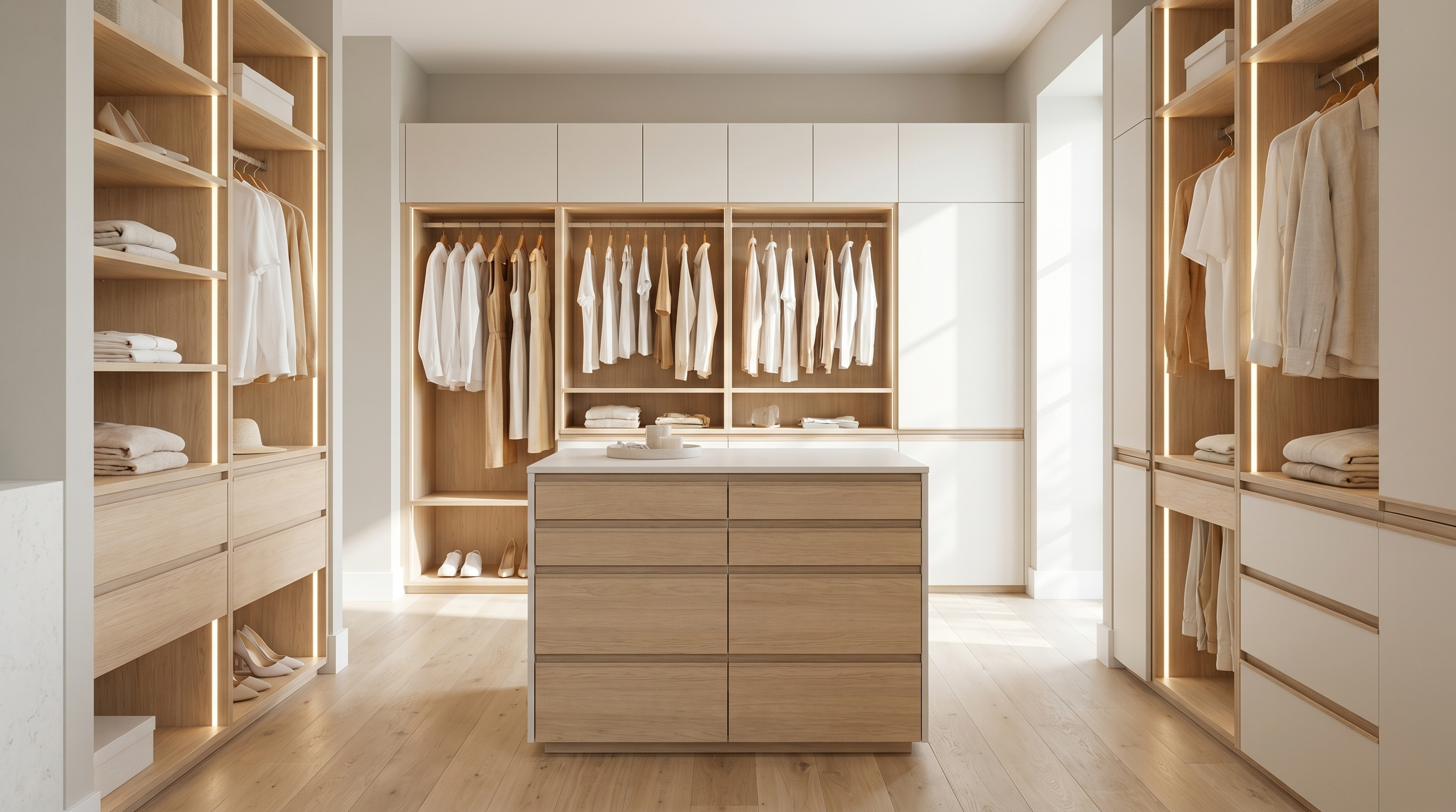 Closet a la medida Idea Italia en roble natural y blanco con iluminación integrada