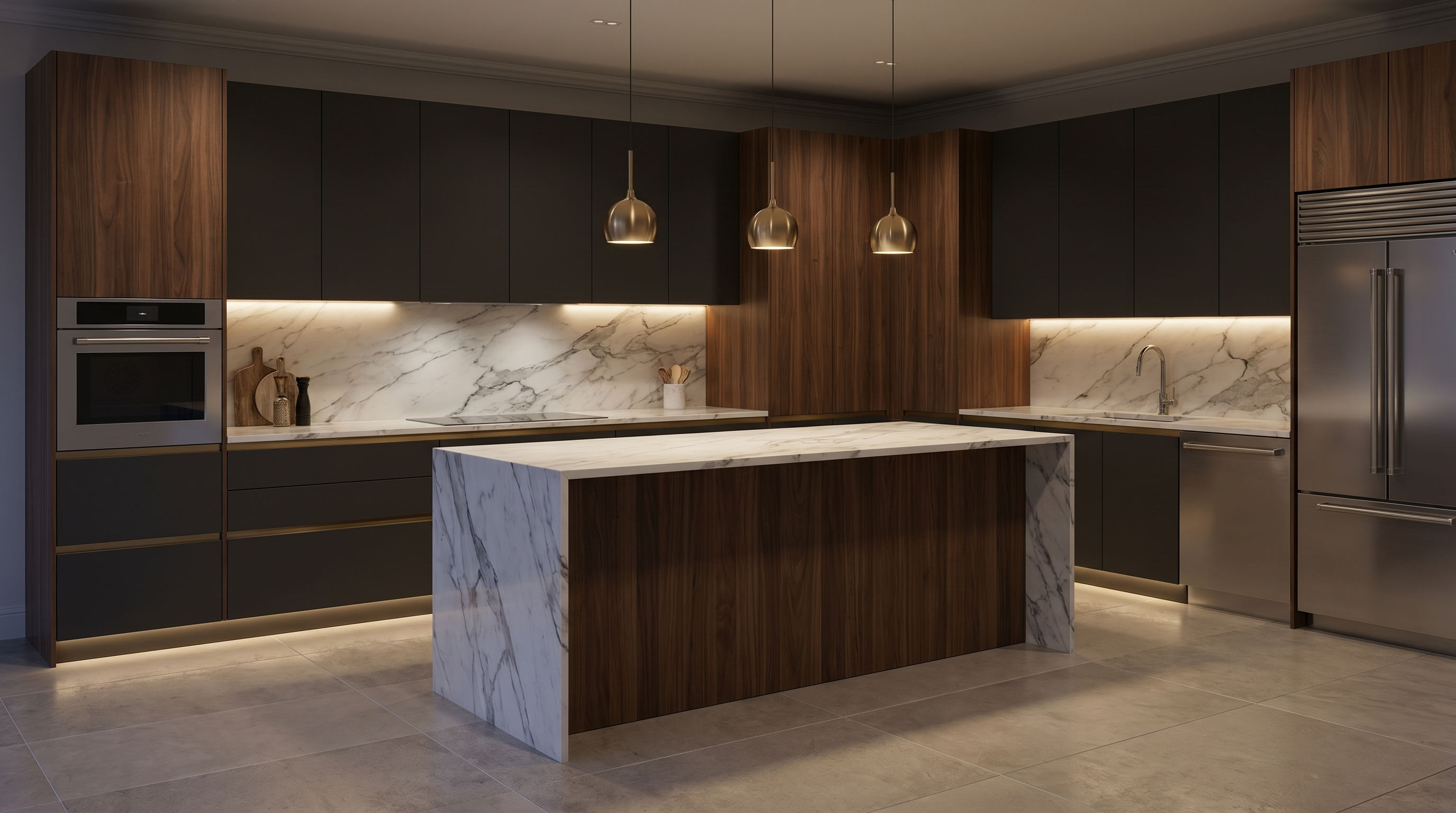 Detalle de cocina Idea Italia con acabados profundos y herrajes de latón